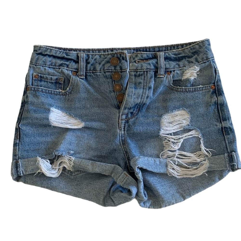 SKY AND SPARROW DESTROYED DENIM BUTTON FLY JEAN SHORTS • SIZE 1